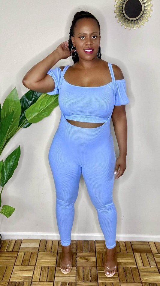 lee monet Feeling Myself Crop Top And Suspender Pants Set (Blue)
