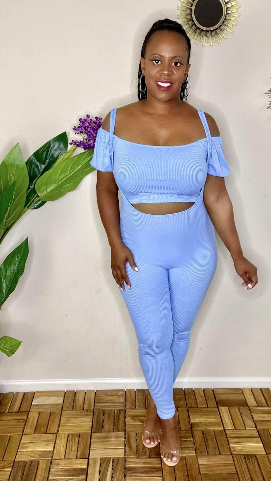 lee monet Feeling Myself Crop Top And Suspender Pants Set (Blue)