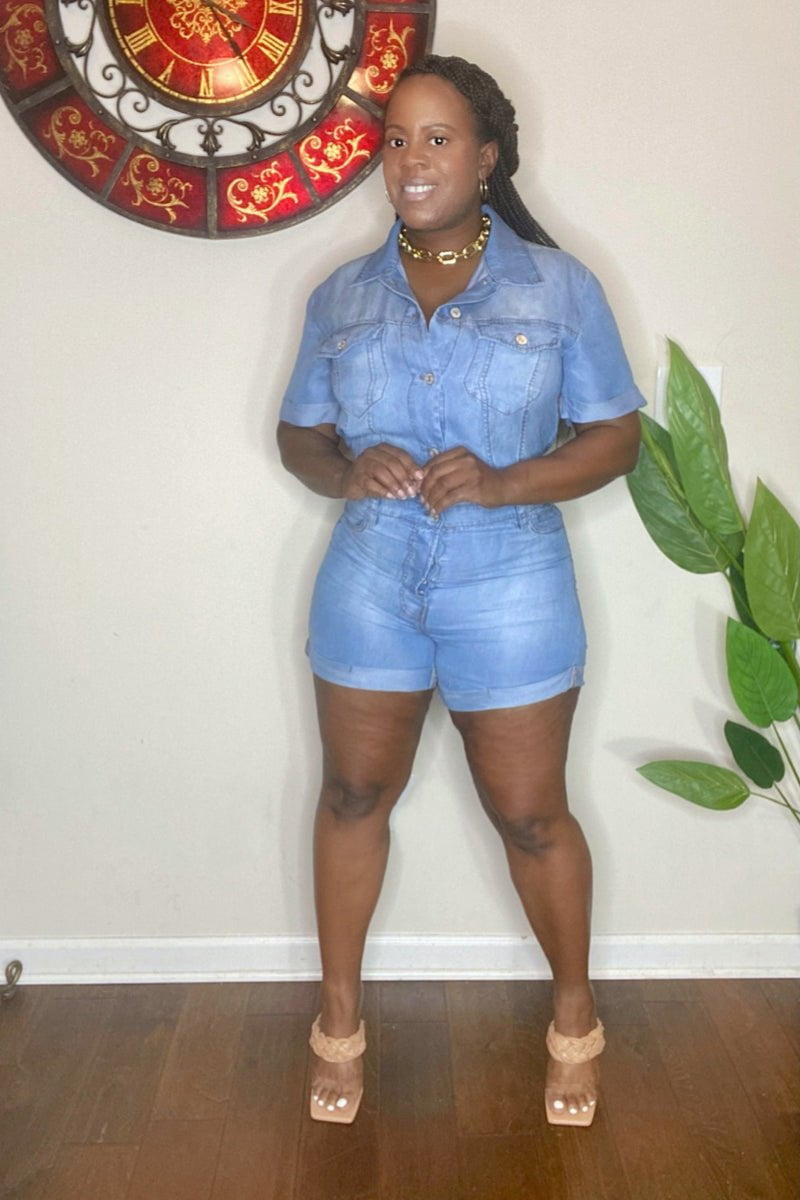 lee monet Good Times Chambray Denim Romper (Sky)
