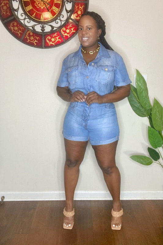 lee monet Good Times Chambray Denim Romper (Sky)