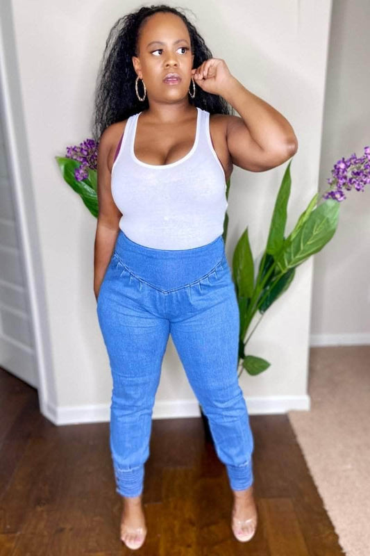 lee monet High Waist Denim Joggers- Medium Blue