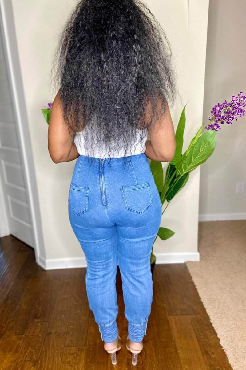 lee monet High Waist Denim Joggers- Medium Blue