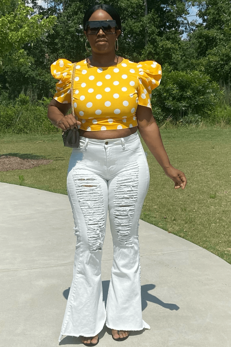lee monet High Waist Distressed Bell Bottom Jeans- White- Final Sale