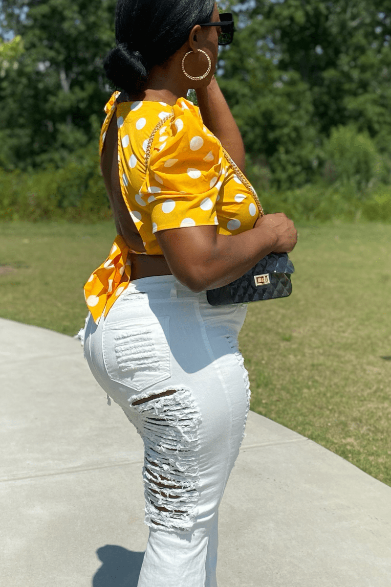 lee monet High Waist Distressed Bell Bottom Jeans- White- Final Sale
