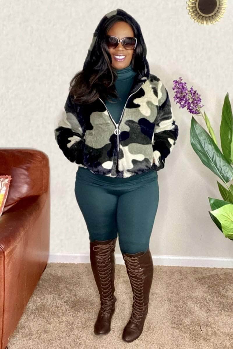 lee monet Hooded Camo Faux Fur Bomber Jacket