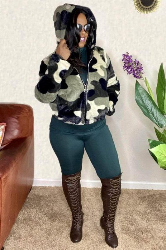 lee monet Hooded Camo Faux Fur Bomber Jacket