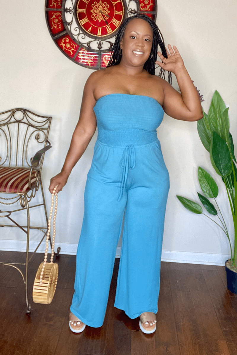 lee monet Jumpsuit Vacay Me Please Smocked Tube Jumpsuit (Dusty Teal)