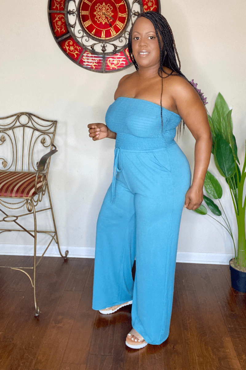 lee monet Jumpsuit Vacay Me Please Smocked Tube Jumpsuit (Dusty Teal)