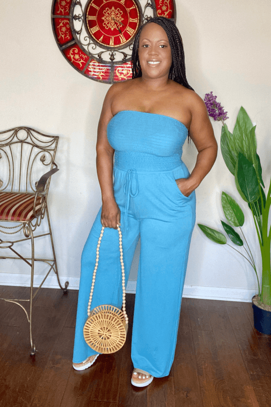 lee monet Jumpsuit Vacay Me Please Smocked Tube Jumpsuit (Dusty Teal)