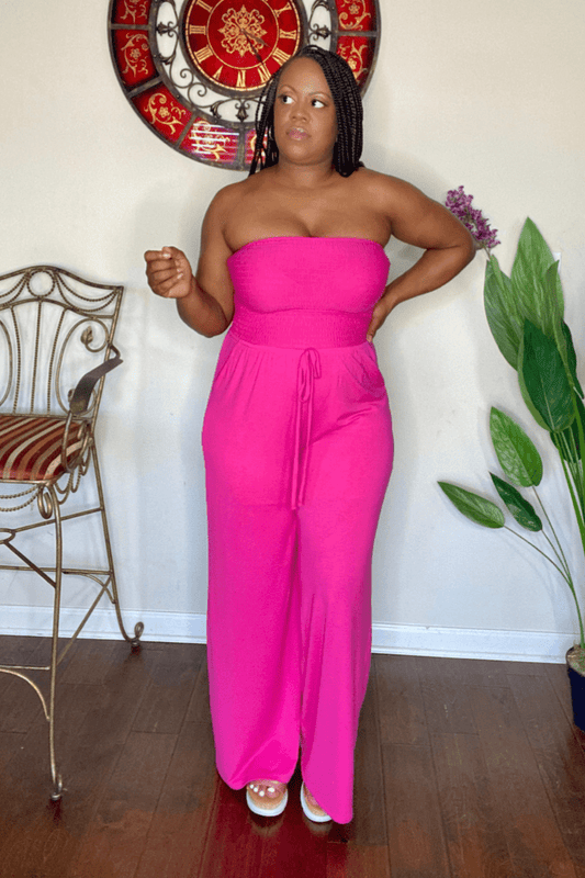 lee monet Jumpsuit Vacay Me Please Smocked Tube Jumpsuit (Hot Pink)