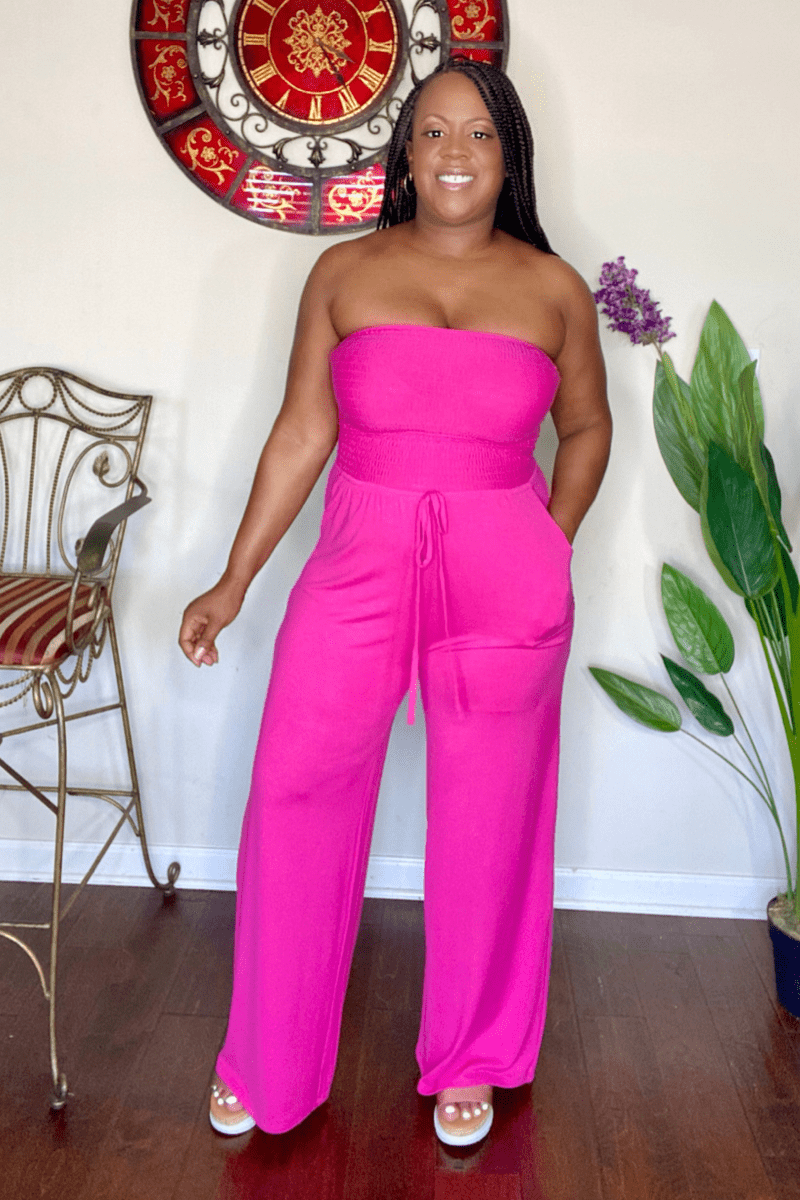 lee monet Jumpsuit Vacay Me Please Smocked Tube Jumpsuit (Hot Pink)