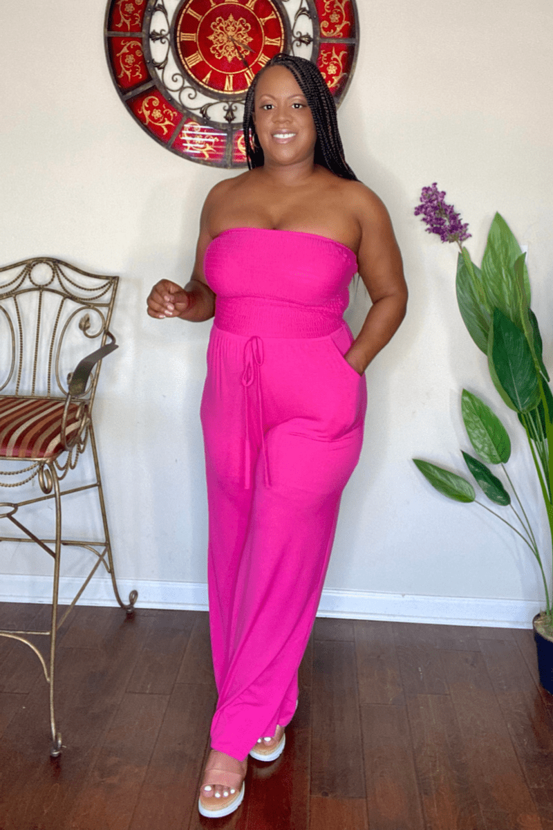 lee monet Jumpsuit Vacay Me Please Smocked Tube Jumpsuit (Hot Pink)