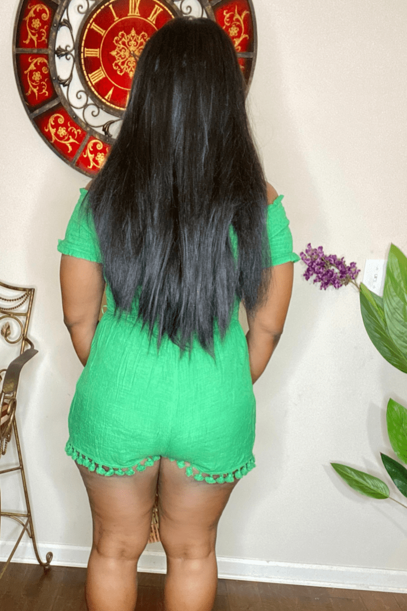 lee monet Jumpsuits & Rompers Ava Hi Low Off the Shoulder Romper (Kelly Green)