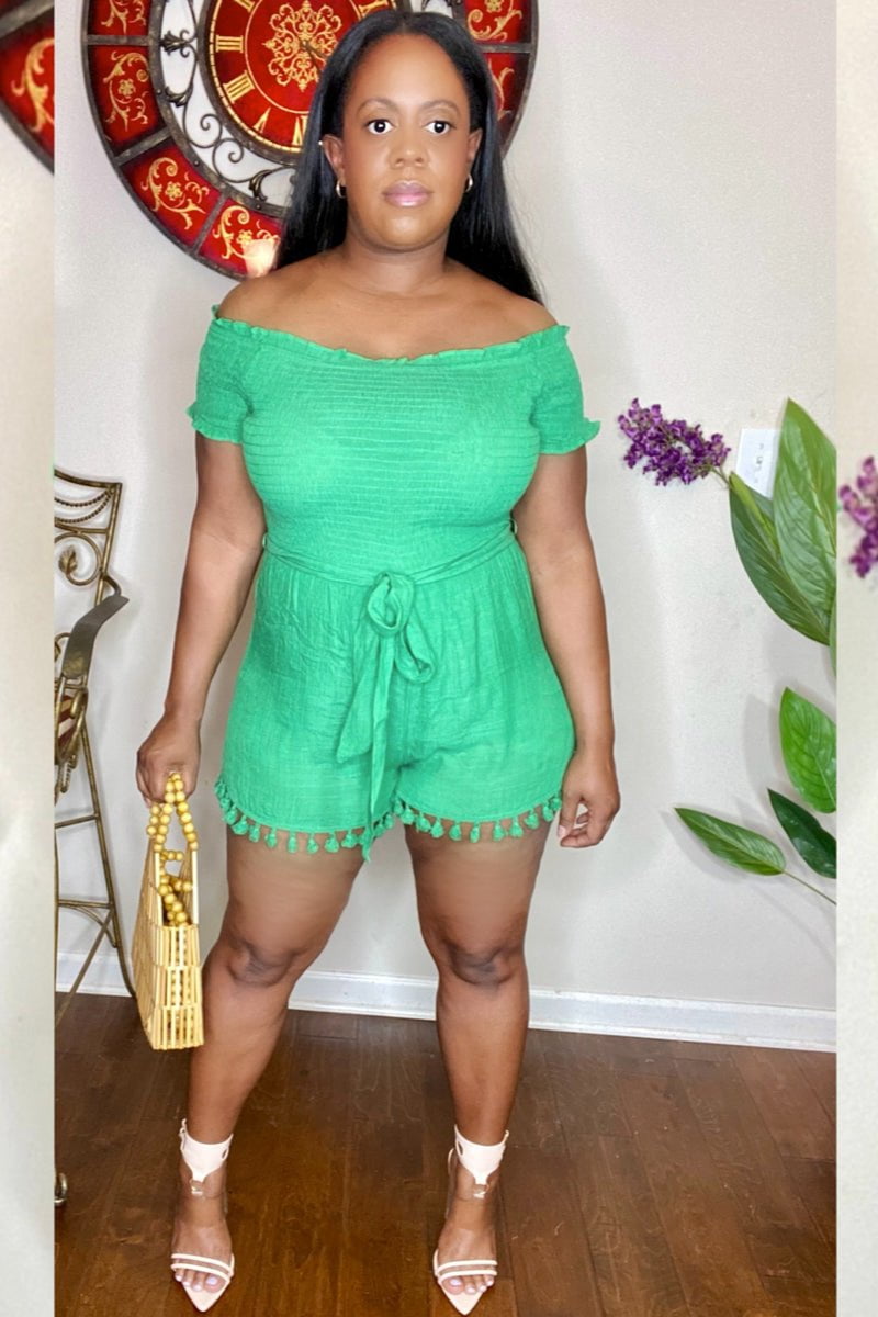 lee monet Jumpsuits & Rompers Ava Hi Low Off the Shoulder Romper (Kelly Green)