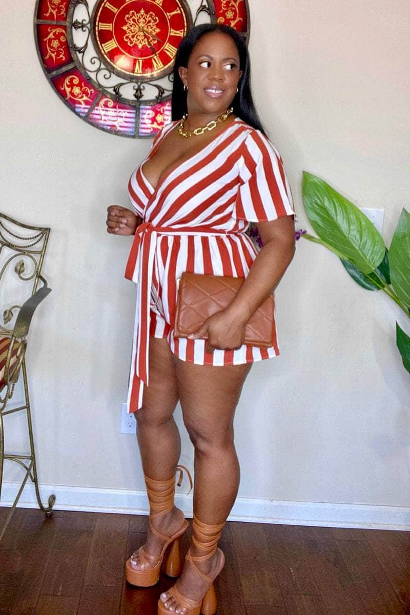 lee monet Jumpsuits & Rompers Eve Striped Woven Romper (Rust)