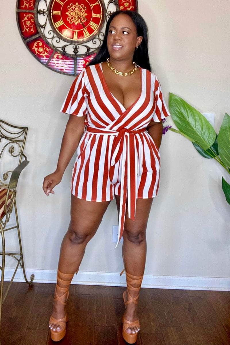 lee monet Jumpsuits & Rompers Eve Striped Woven Romper (Rust)