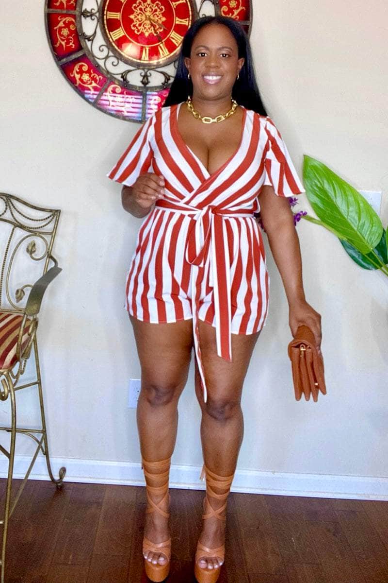 lee monet Jumpsuits & Rompers Eve Striped Woven Romper (Rust)