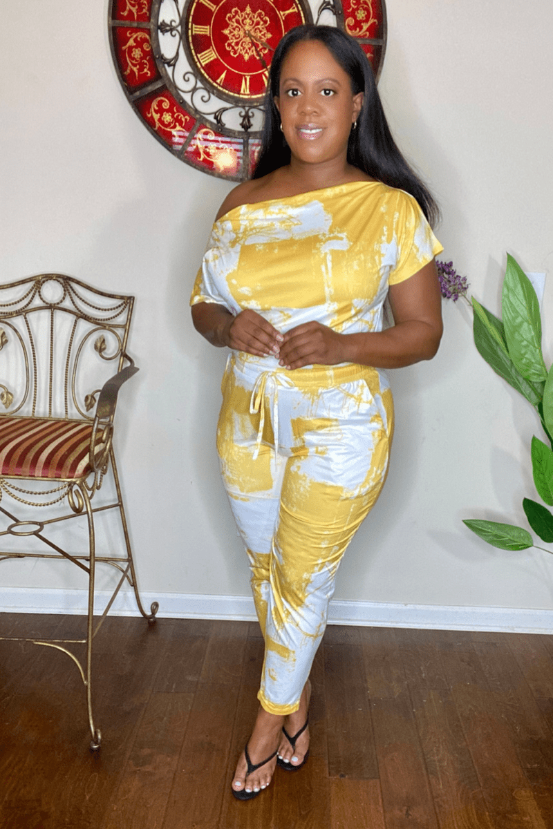 lee monet Jumpsuits & Rompers Jen Off The Shoulder Tie Dye Print Jumpsuit (Mustard)