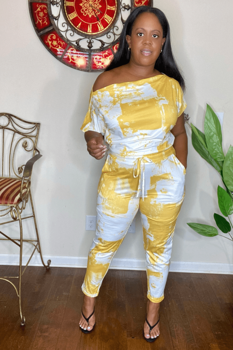 lee monet Jumpsuits & Rompers Jen Off The Shoulder Tie Dye Print Jumpsuit (Mustard)
