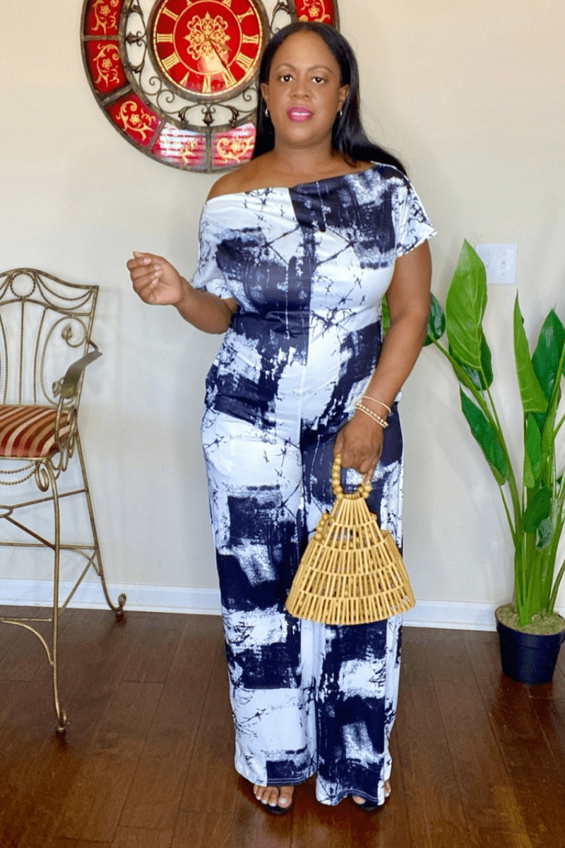 lee monet Jumpsuits & Rompers Jenni Wide Leg Off the Shoulder Tie Dye Print Jumpsuit (Black)