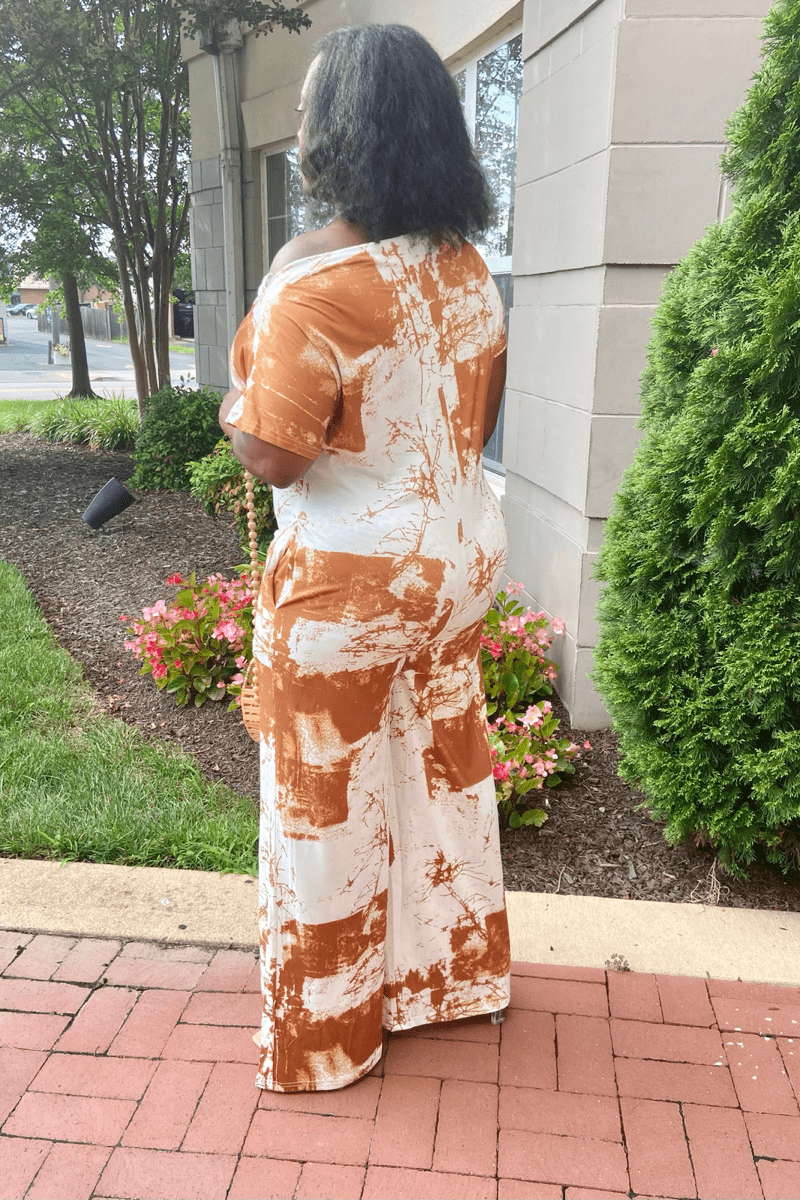 lee monet Jumpsuits & Rompers Jenni Wide Leg Off the Shoulder Tie Dye Print Jumpsuit (Cappuccino)