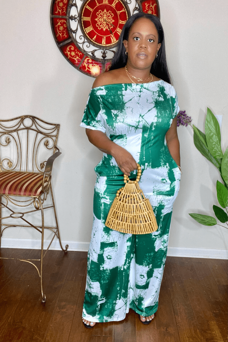 lee monet Jumpsuits & Rompers Jenni Wide Leg Off the Shoulder Tie Dye Print Jumpsuit (Green)
