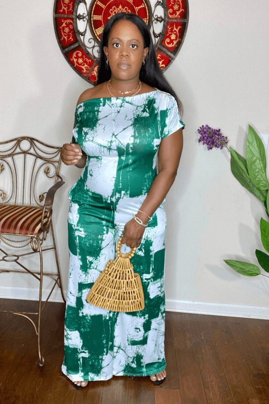 lee monet Jumpsuits & Rompers Jenni Wide Leg Off the Shoulder Tie Dye Print Jumpsuit (Green)