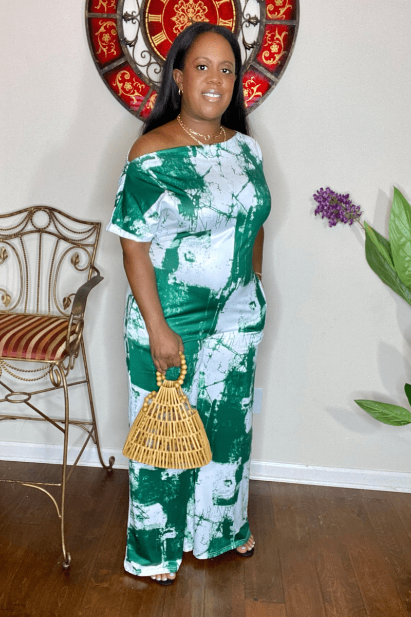 lee monet Jumpsuits & Rompers Jenni Wide Leg Off the Shoulder Tie Dye Print Jumpsuit (Green)