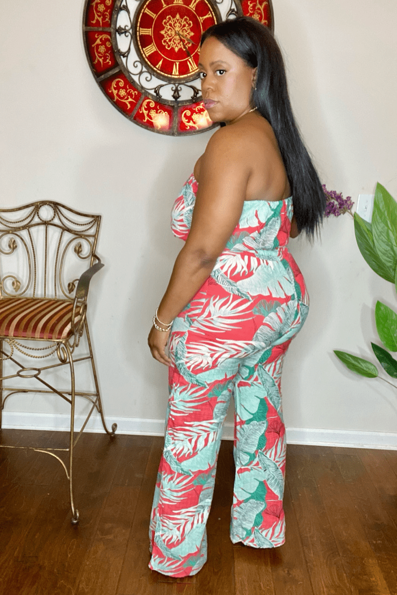lee monet Jumpsuits & Rompers Stasi Strapless Leaf Print Jumpsuit (Coral)