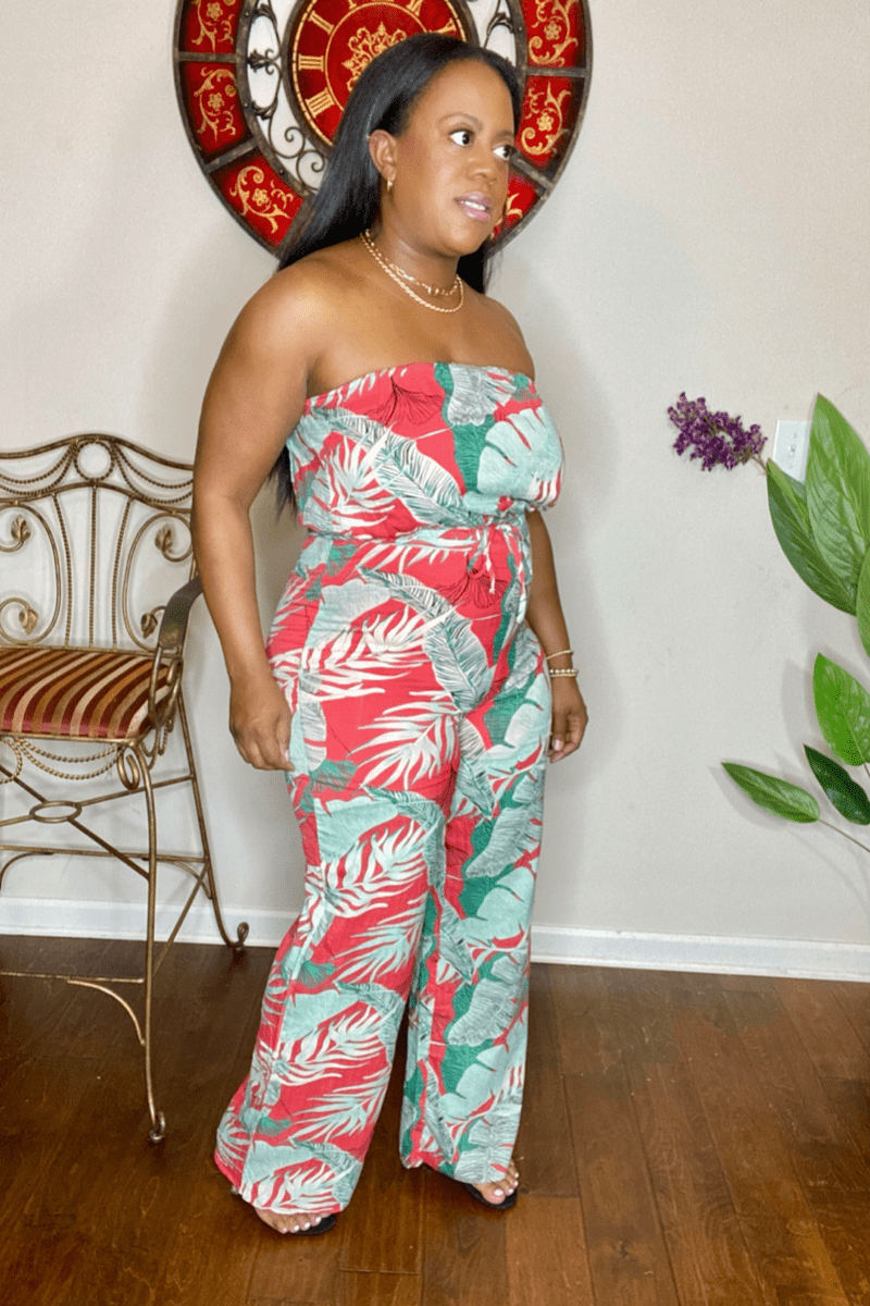 lee monet Jumpsuits & Rompers Stasi Strapless Leaf Print Jumpsuit (Coral)