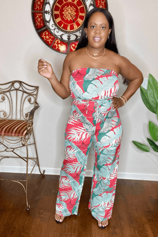 lee monet Jumpsuits & Rompers Stasi Strapless Leaf Print Jumpsuit (Coral)
