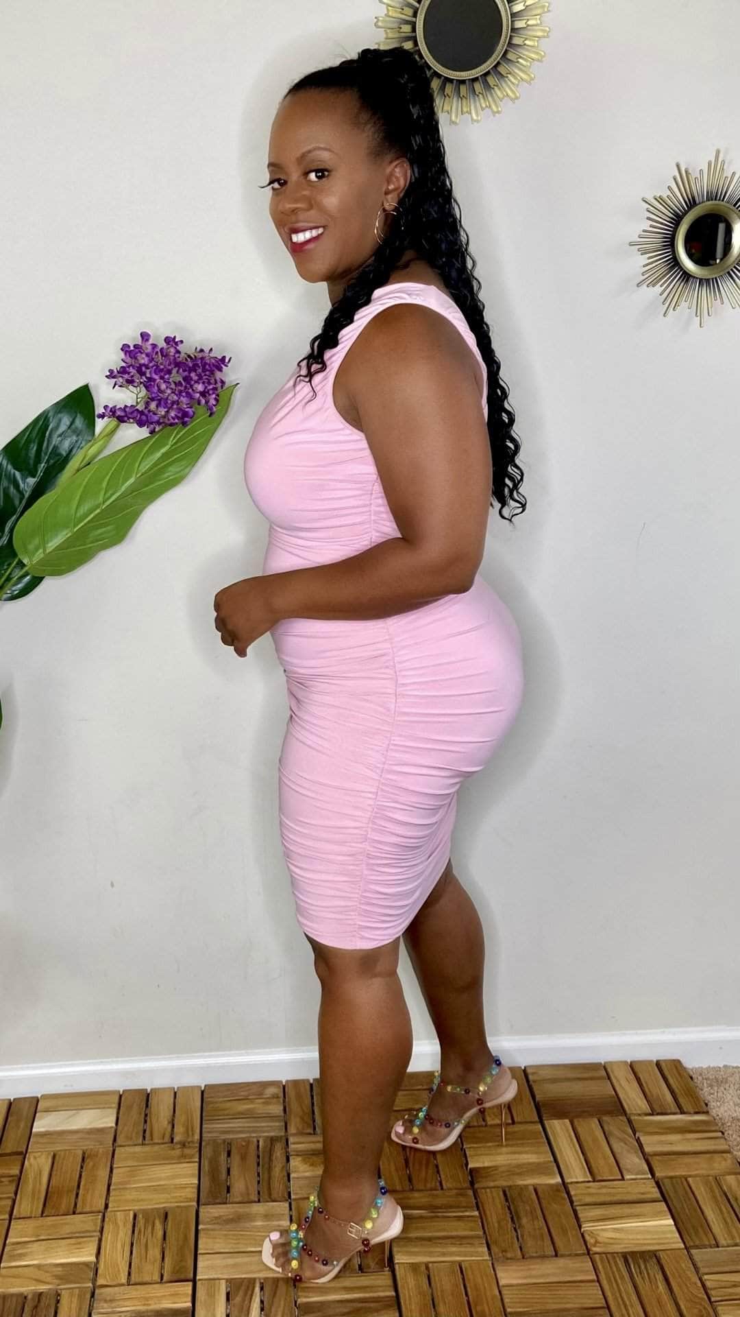 lee monet Leave Him On Read One Shoulder Ruched MIDI Dress (Pink)