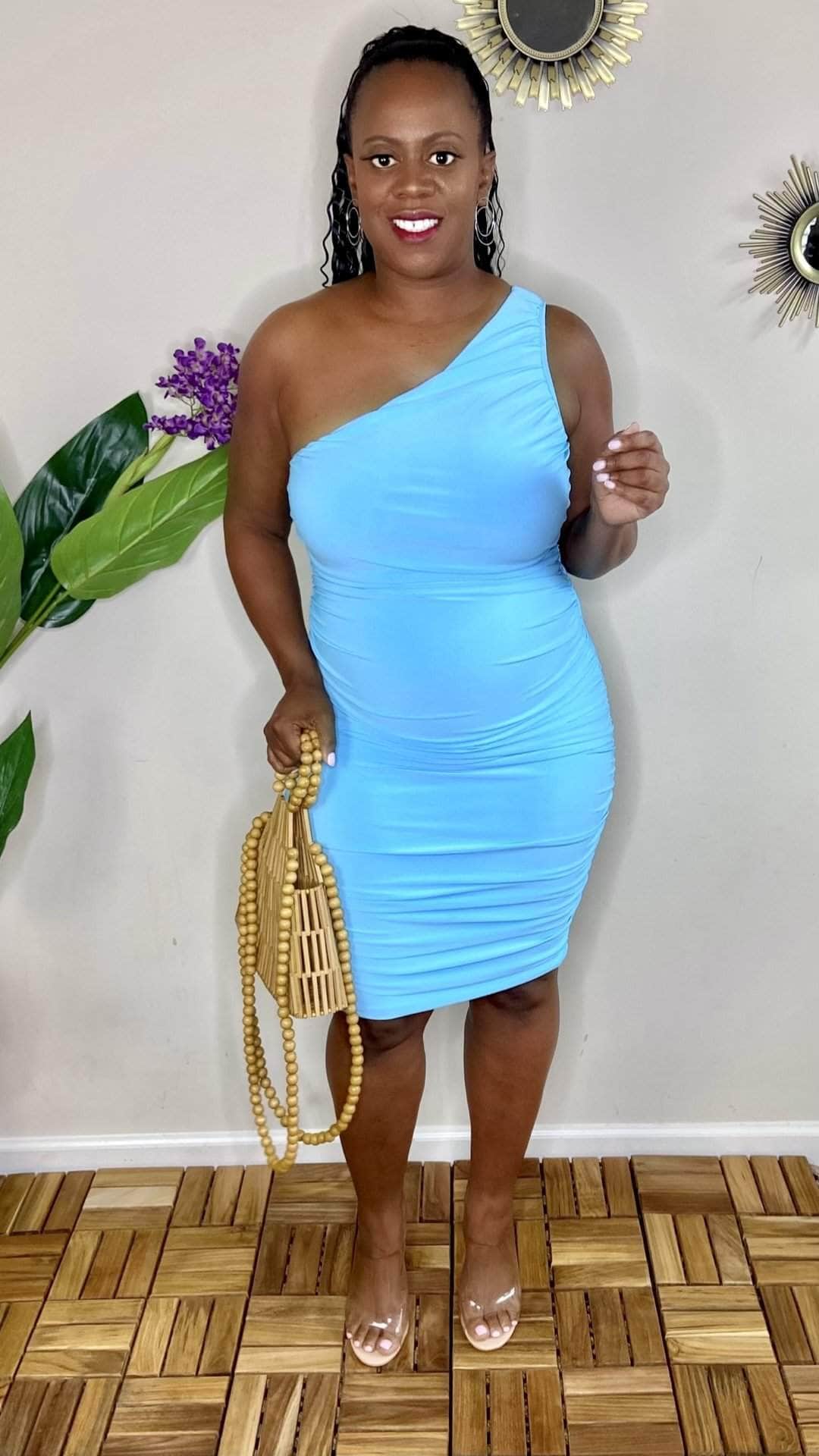 lee monet Leave Him On Read One Shoulder Ruched MIDI Dress (Turquoise)
