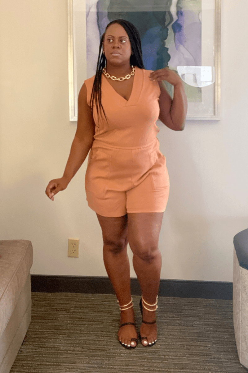 lee monet Let’s Lounge Sleeveless V-neck Romper (Butter Orange)