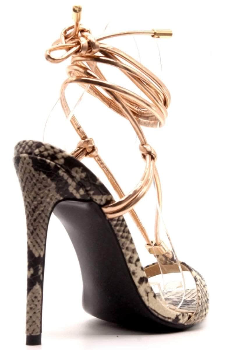 lee monet Mistie Pointed Toe Lace Up Heel- Nude Snake Print