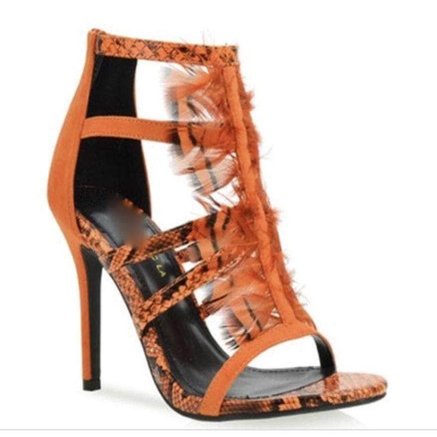 lee monet NEW ARRIVALS 10 / Orange So Fly Snakeskin Feather Heels -Final Sale