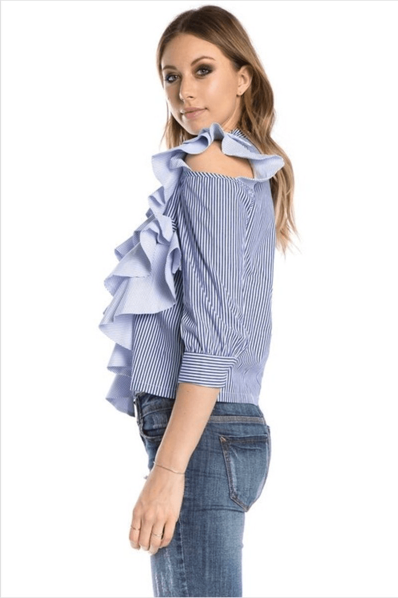 lee monet NEW ARRIVALS Tier Drops Striped Cold Shoulder Ruffle Blouse- Final Sale