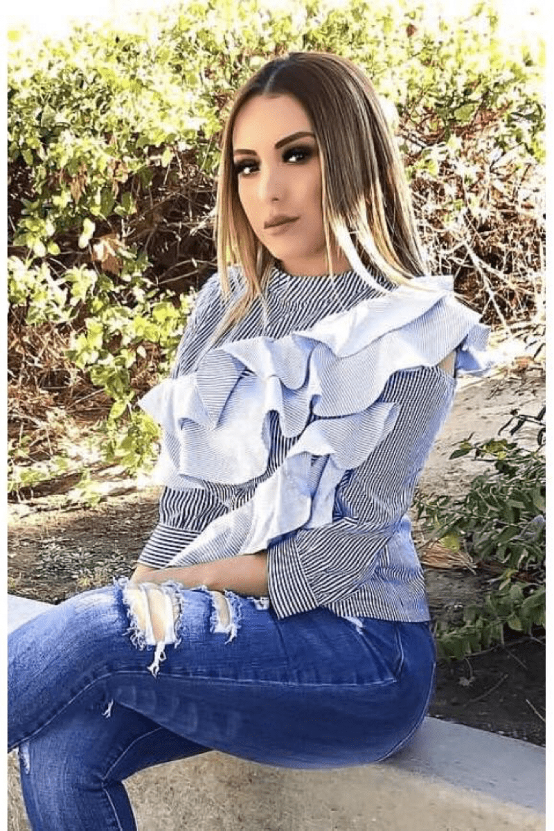 lee monet NEW ARRIVALS Tier Drops Striped Cold Shoulder Ruffle Blouse- Final Sale