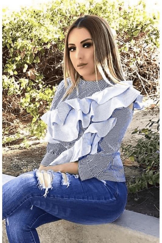 lee monet NEW ARRIVALS Tier Drops Striped Cold Shoulder Ruffle Blouse- Final Sale