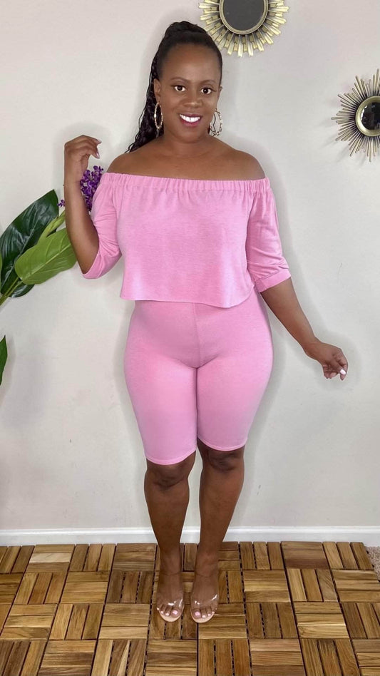 lee monet Not So Basic Off The Shoulder Biker Shorts Set (Pink)