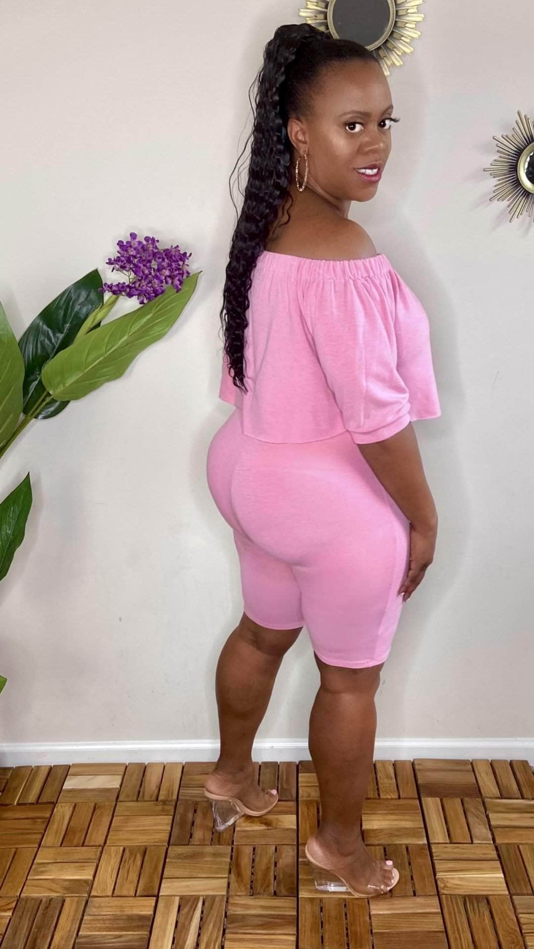 lee monet Not So Basic Off The Shoulder Biker Shorts Set (Pink)