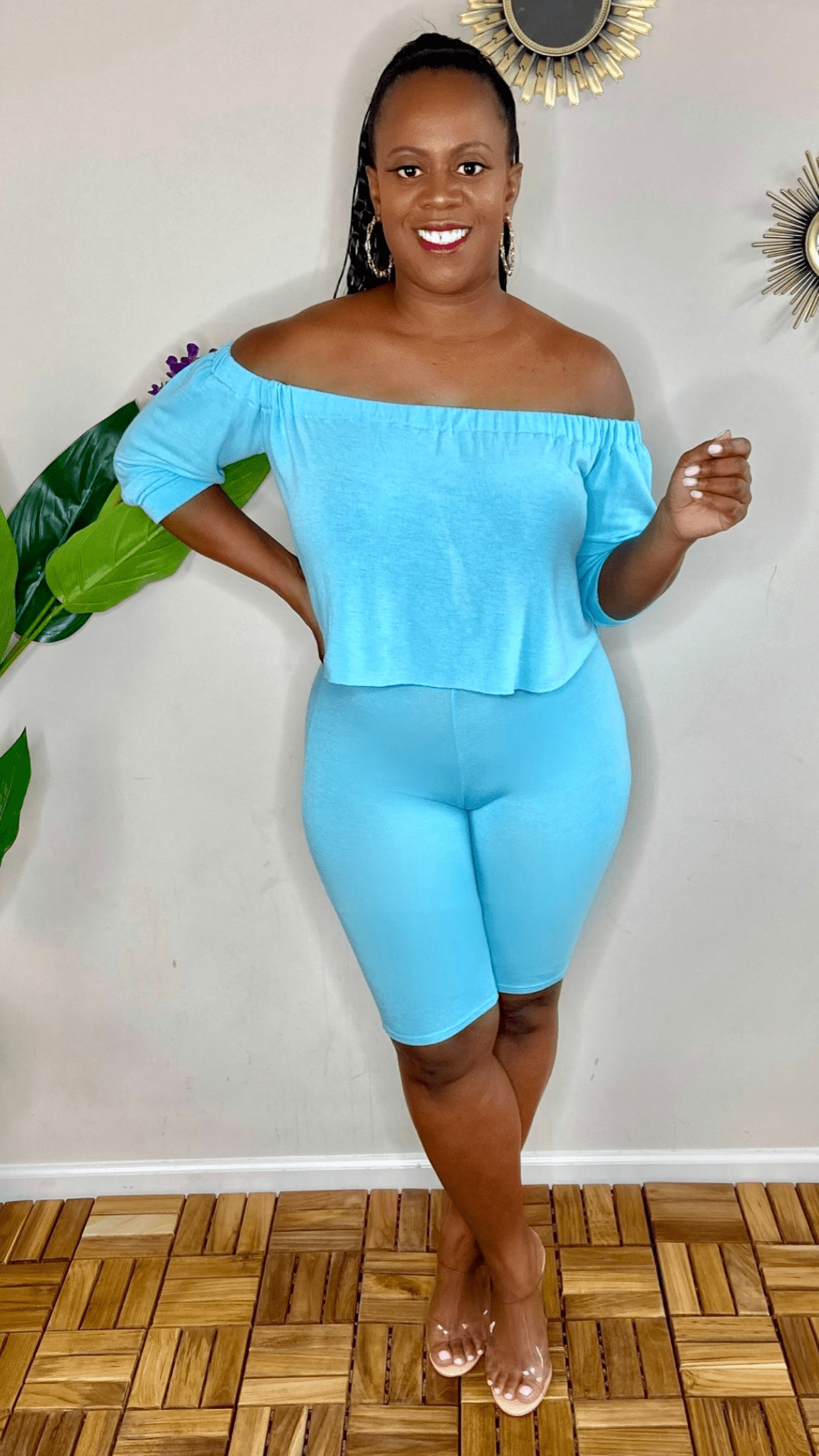 lee monet Not So Basic Off The Shoulder Biker Shorts Set (Sky Blue)
