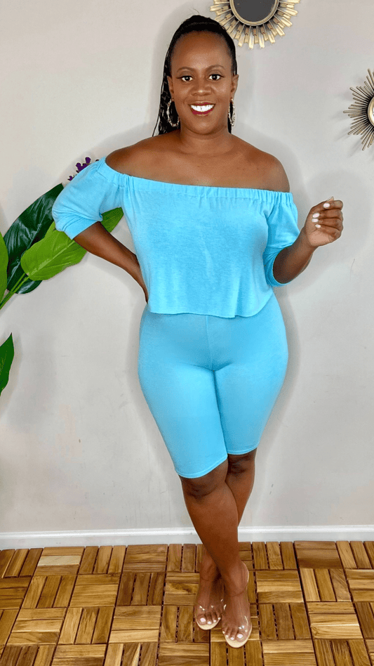 lee monet Not So Basic Off The Shoulder Biker Shorts Set (Sky Blue)
