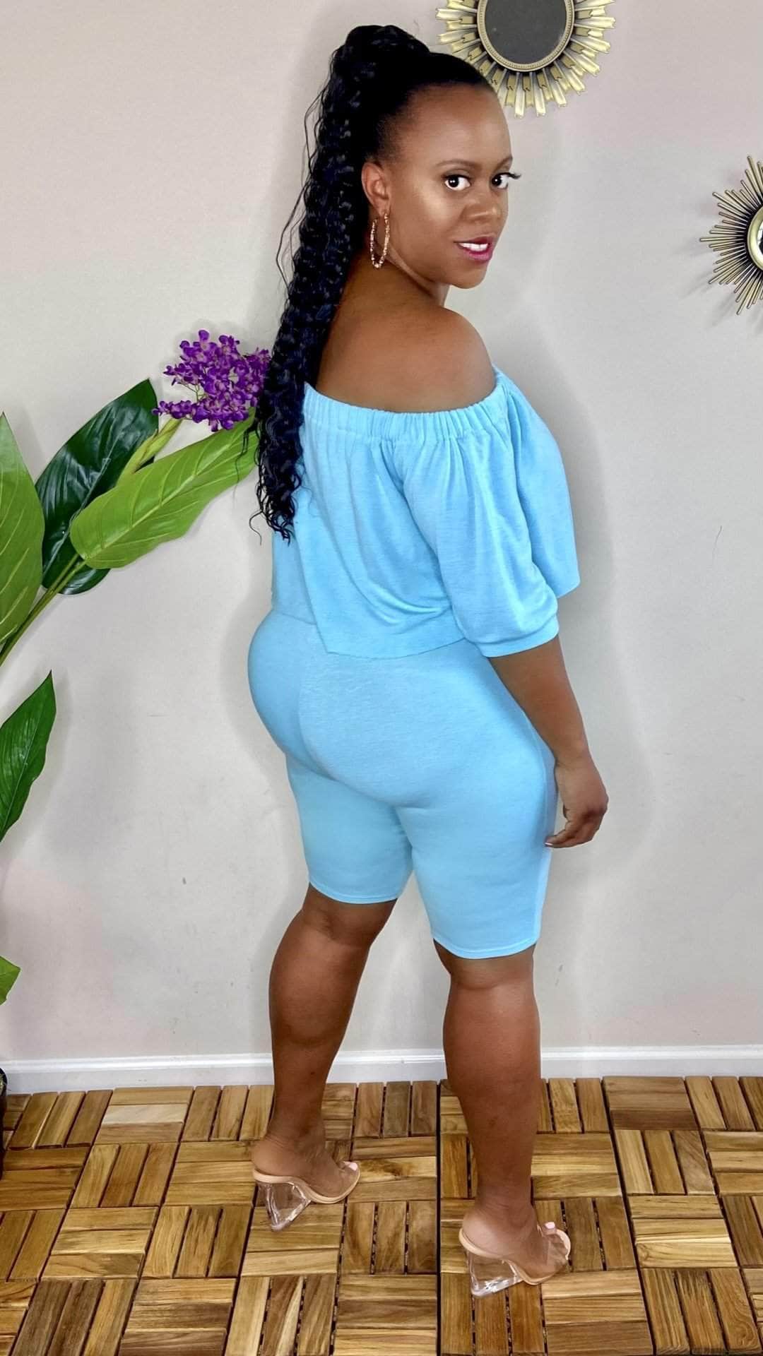 lee monet Not So Basic Off The Shoulder Biker Shorts Set (Sky Blue)
