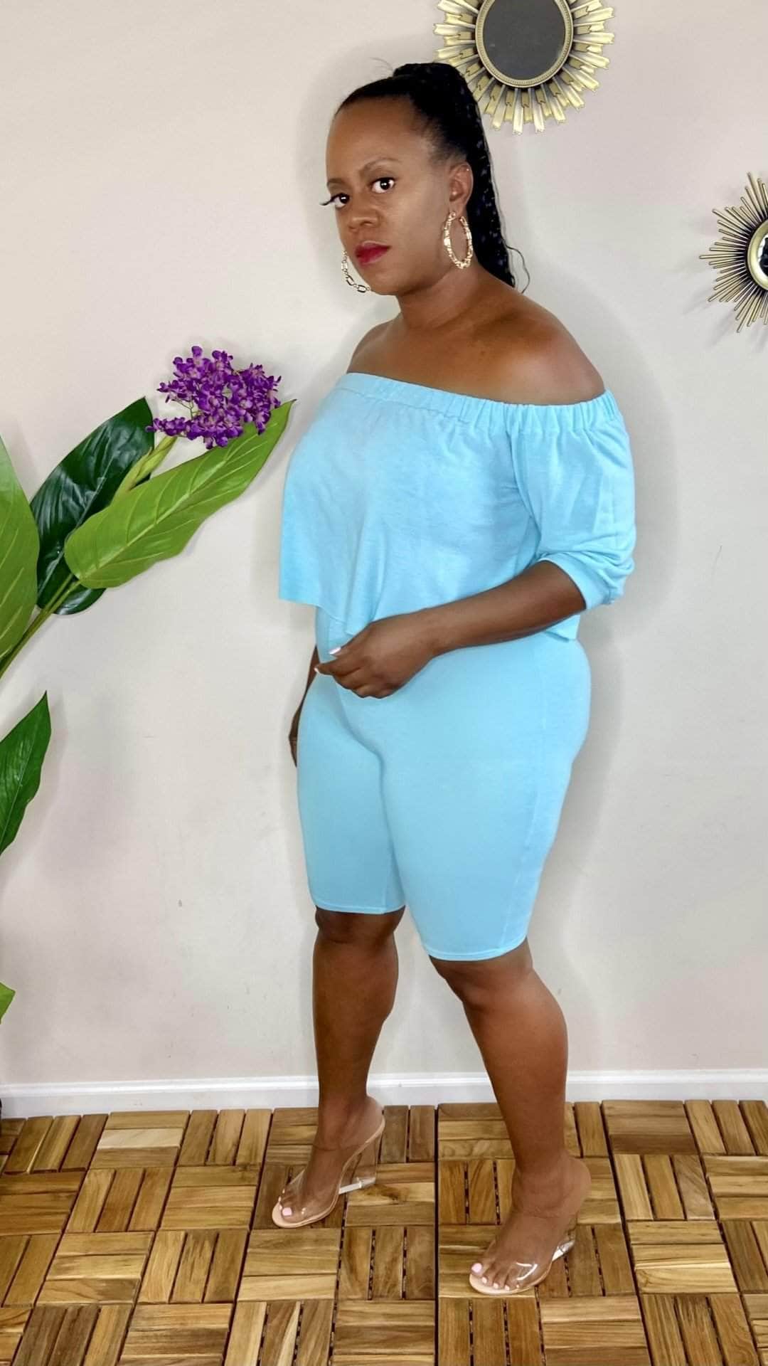 lee monet Not So Basic Off The Shoulder Biker Shorts Set (Sky Blue)