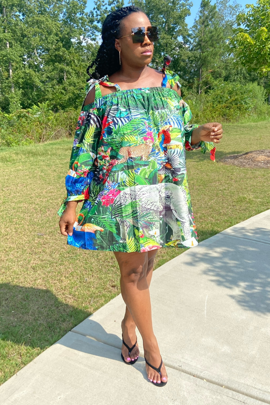 lee monet Off the Shoulder Tie Strap Mini (Jungle Print)- Final Sale