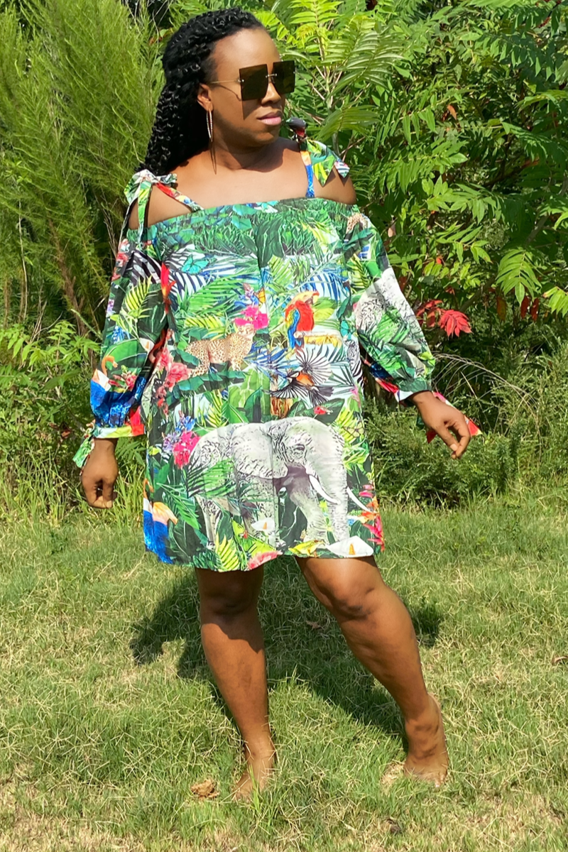 lee monet Off the Shoulder Tie Strap Mini (Jungle Print)- Final Sale