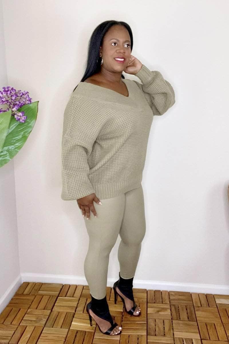 lee monet Olivia Balloon Sleeve Wide Double V-Neck  Sweater Set (Khaki)