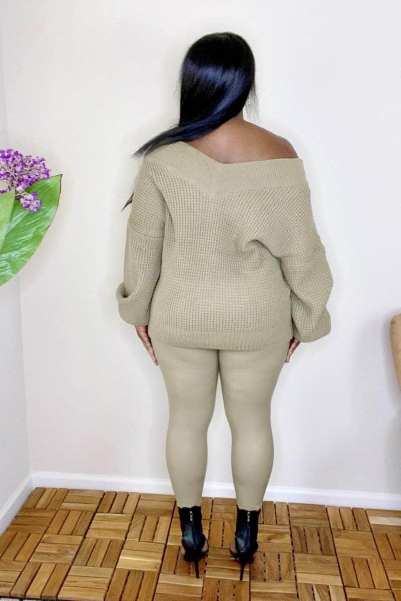 lee monet Olivia Balloon Sleeve Wide Double V-Neck  Sweater Set (Khaki)