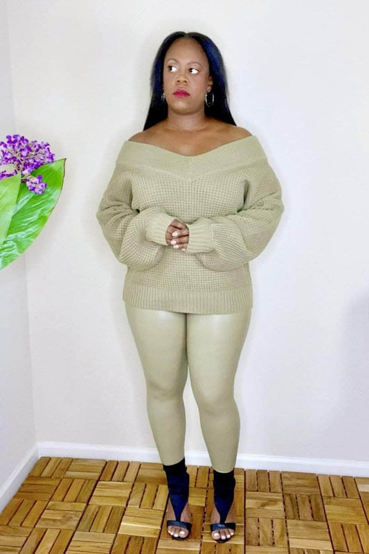 lee monet Olivia Balloon Sleeve Wide Double V-Neck  Sweater Set (Khaki)